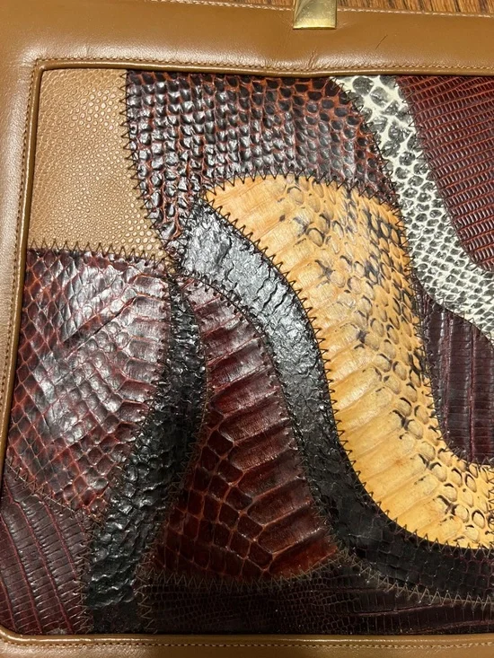 Vintage Caprice 1970’s Tan Leather Satchel with Multicolor Snakeskin Accent - Picture 5 of 12